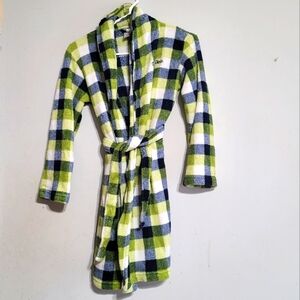CALVIN KLEIN Blue Lime Green Plaid Boys Youth/kids/girl Fleece Bath Robe L 10/12